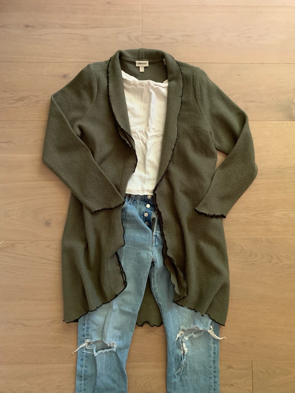 Venario Open-Front Olive Green Long 100% Wool Duster Cardigan L